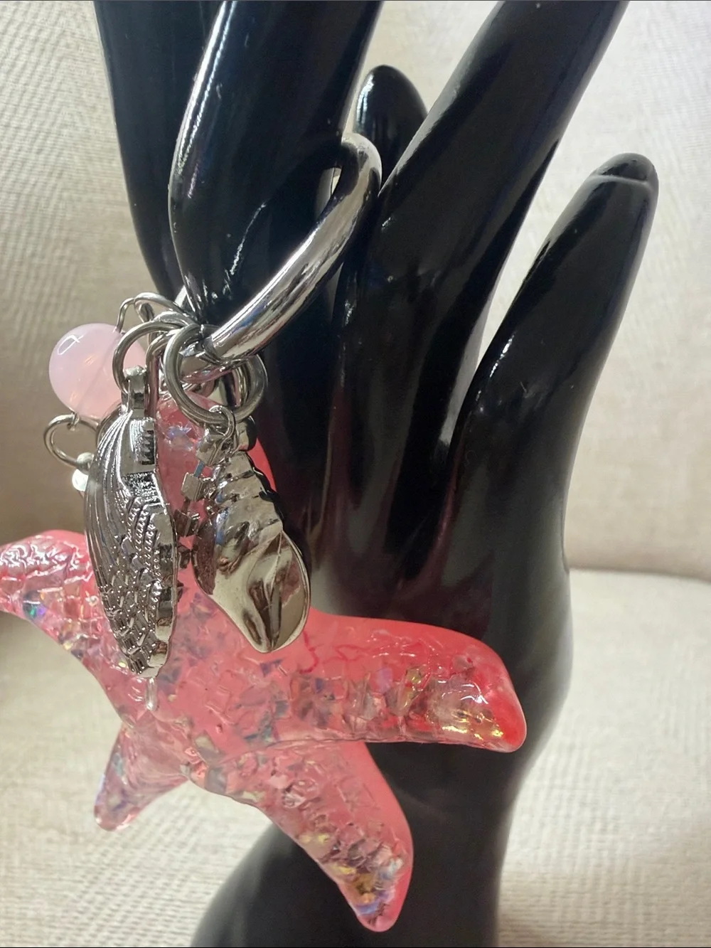 Pink Iridescent Starfish bag charm with Shell Charms